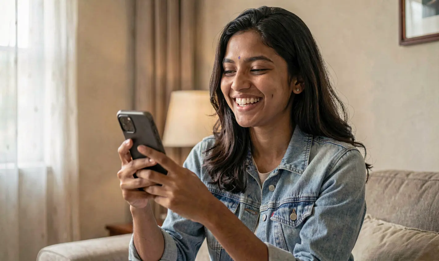 Happy Bangladeshi woman holding her phone with the 58OK app open enjoying easy access to casino games at home