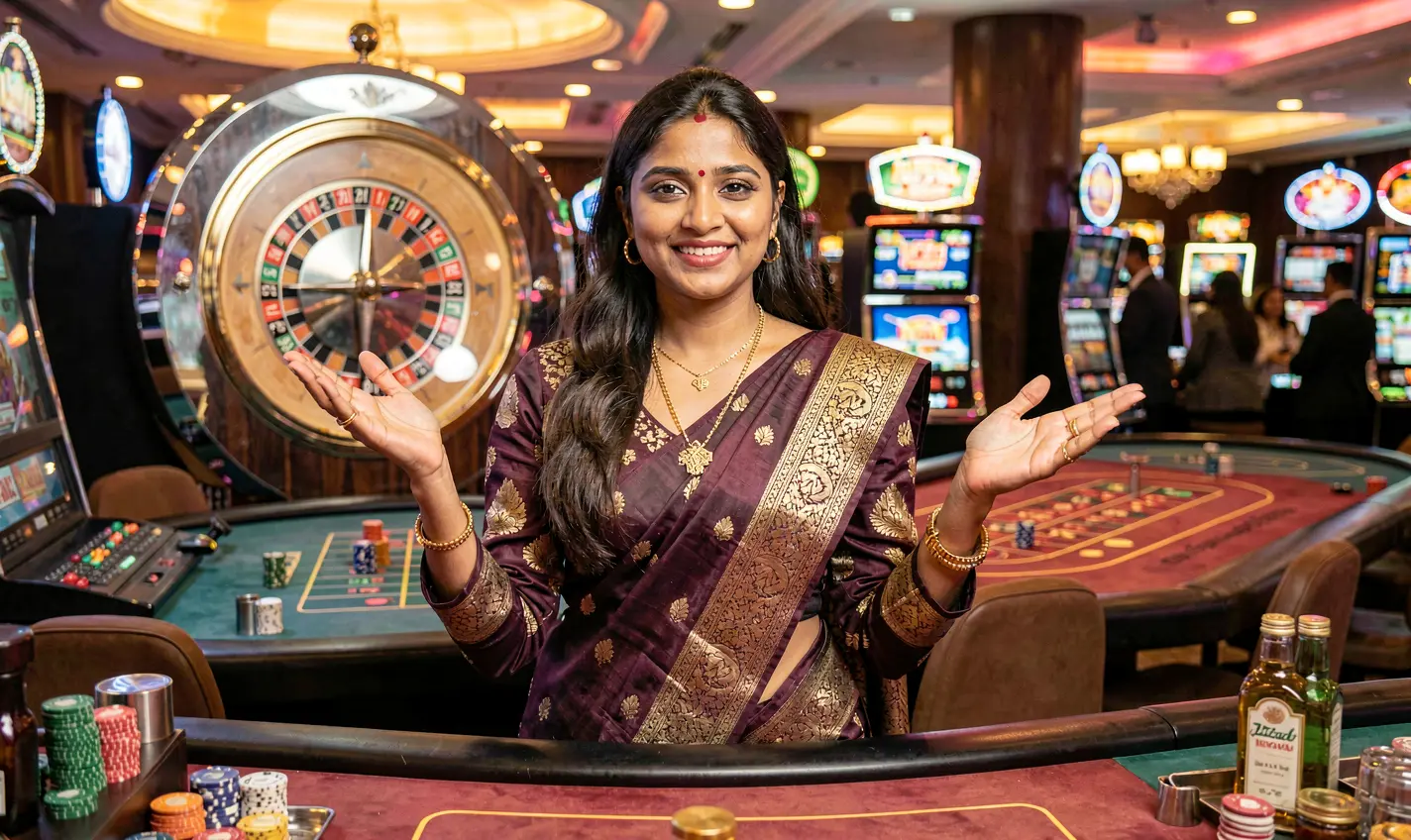 Confident Bangladeshi casino hostess inviting players to explore premium casino games with vibrant lights and roulette symbols behind her at 58OK