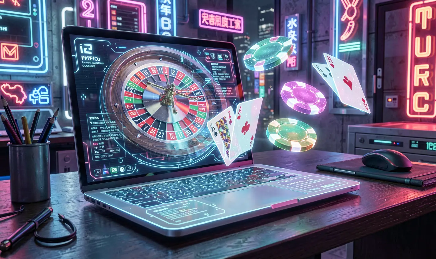 Futuristic laptop displaying an online roulette wheel with glowing casino chips representing the high tech 58OK games platform for players in Bangladesh