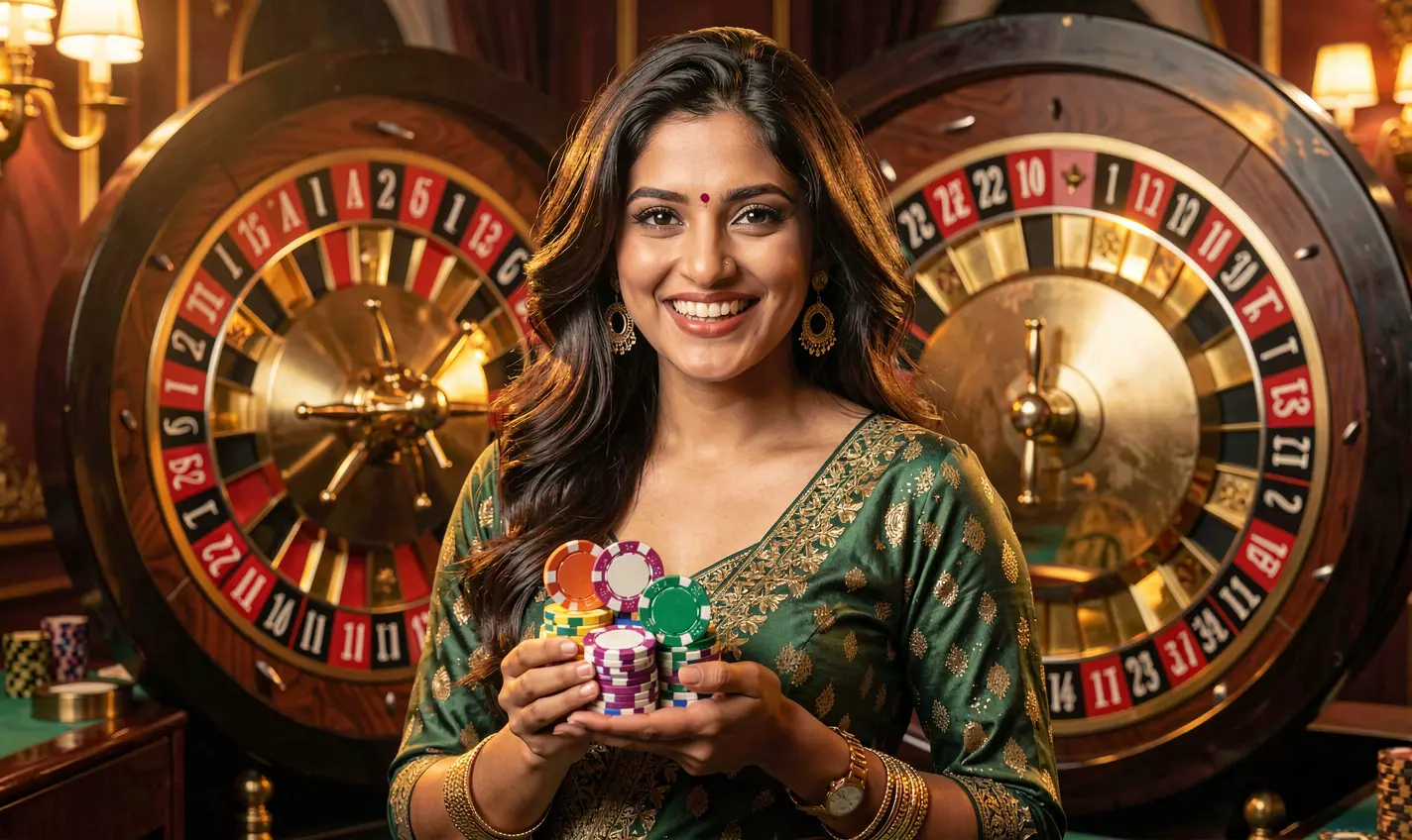 Elegant casino atmosphere with a smiling woman holding poker chips near a roulette table representing the luxury gaming experience at 58OK for players in Bangladesh