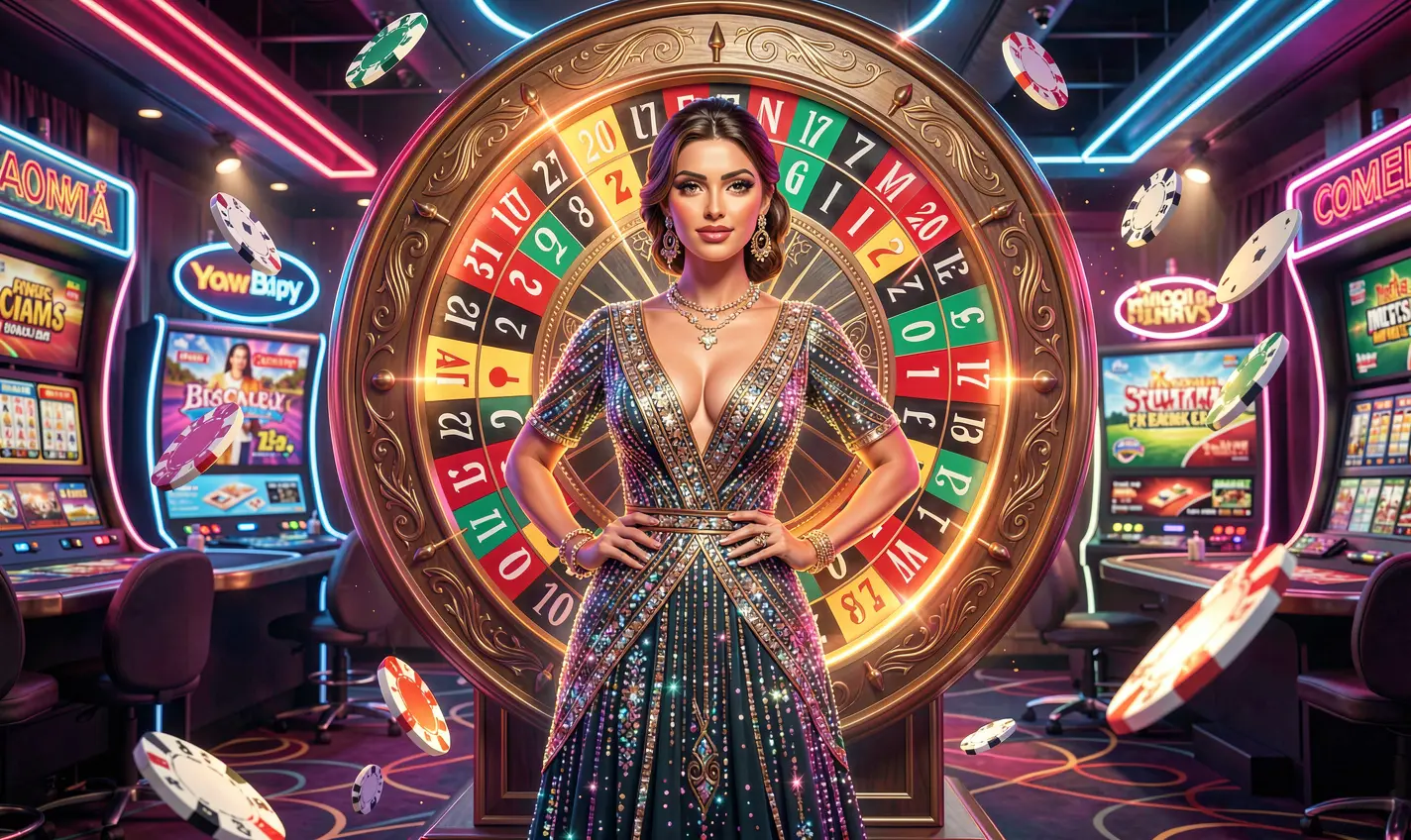 Glamorous woman in a sparkling dress standing before a glowing roulette wheel with flying chips, symbolizing luxury casino entertainment at 58OK for players in Bangladesh