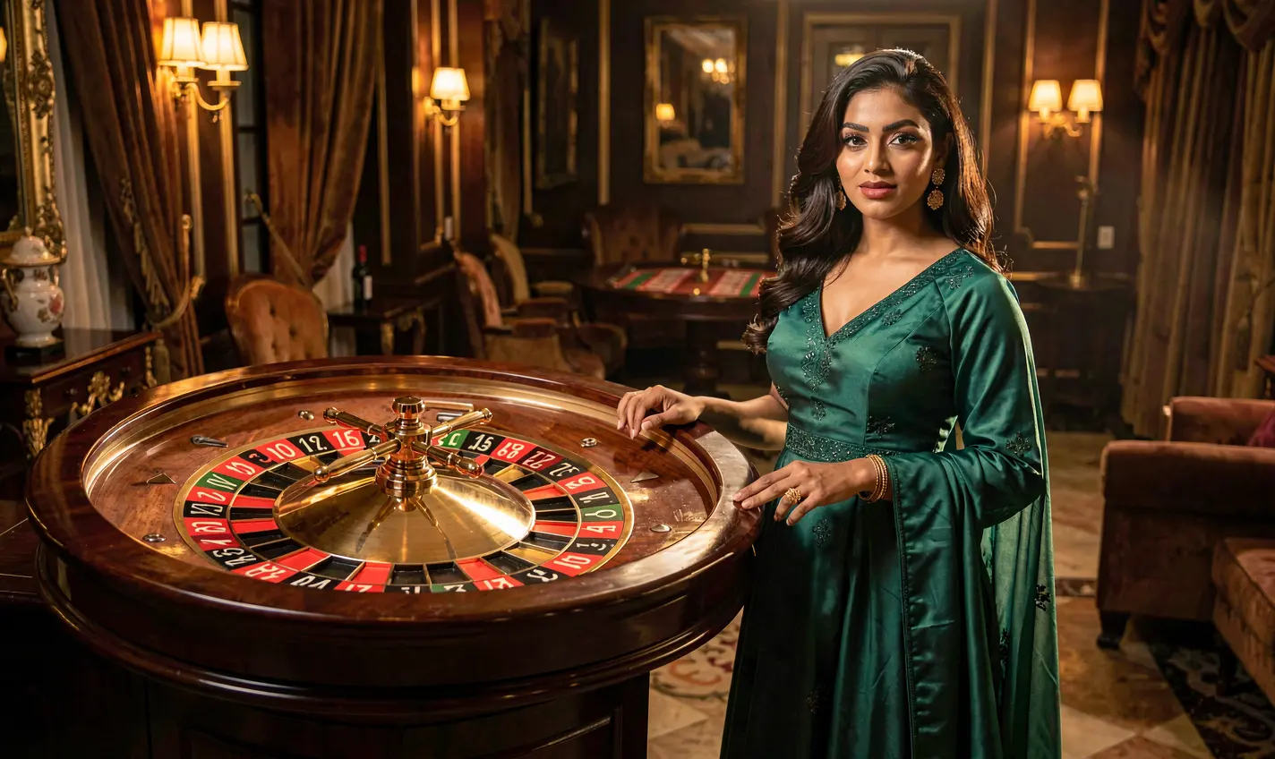 Stylish casino scene with a confident woman in a green dress near a roulette wheel showcasing the immersive gaming atmosphere of 58OK Casino in Bangladesh